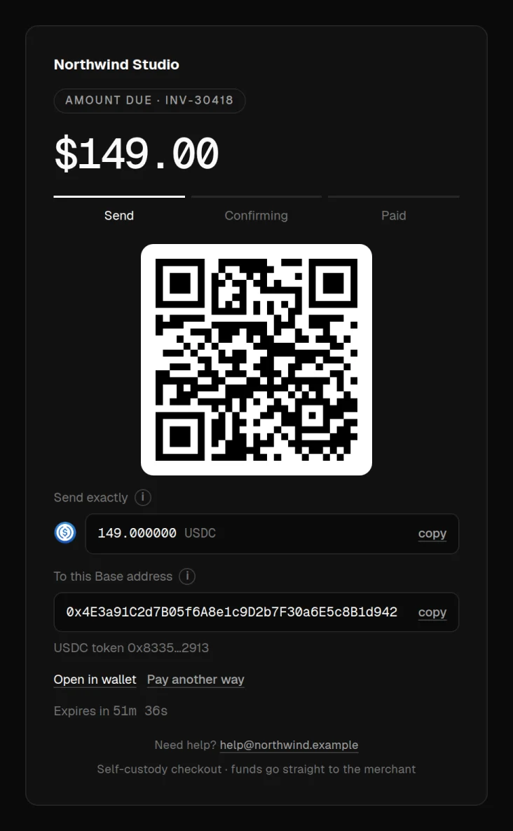 Checkout: QR code, exact amount and deposit address