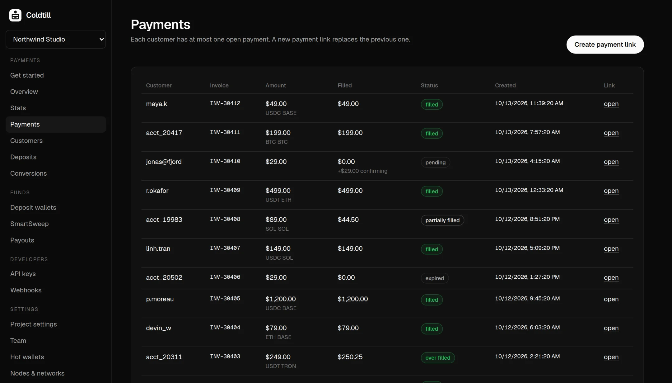 Payments list with amounts, coins, fill status and checkout links